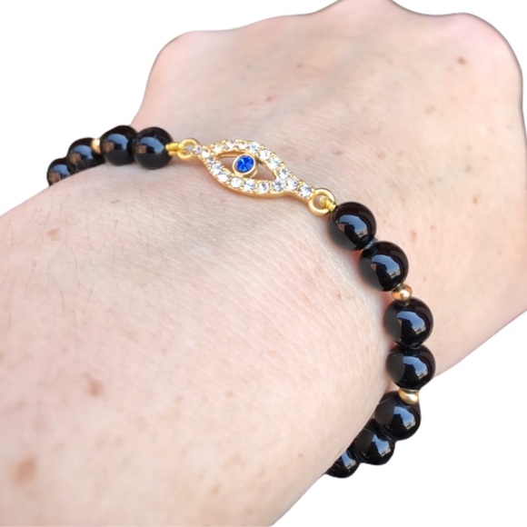 Evil Eye black agate Beaded stretch Bracelet - Picture 4 of 16